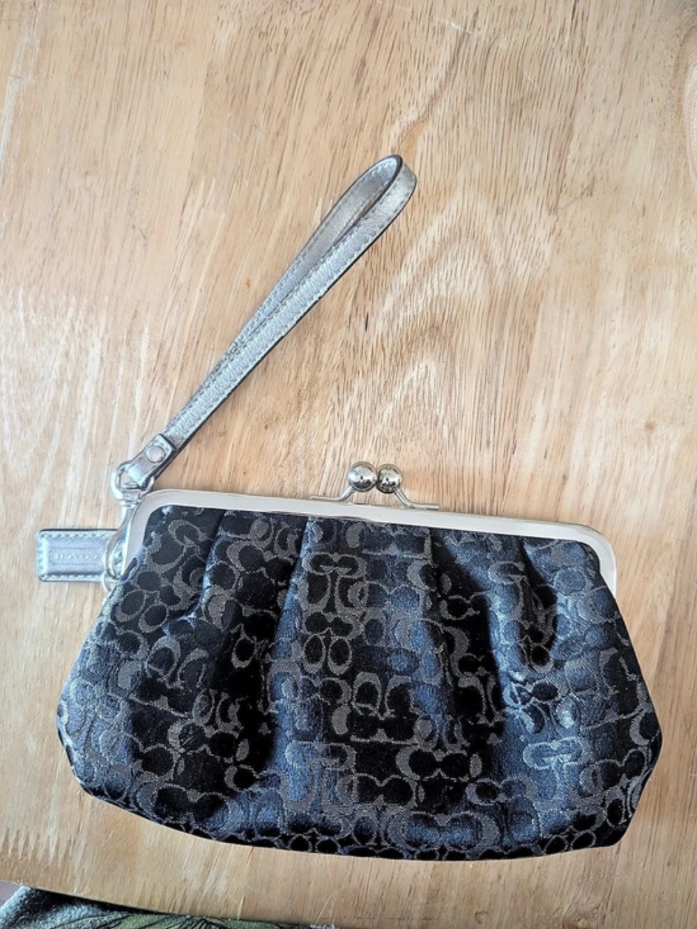Coach Signature Jacquard Kisslock Frame Wristlet Black & Silver